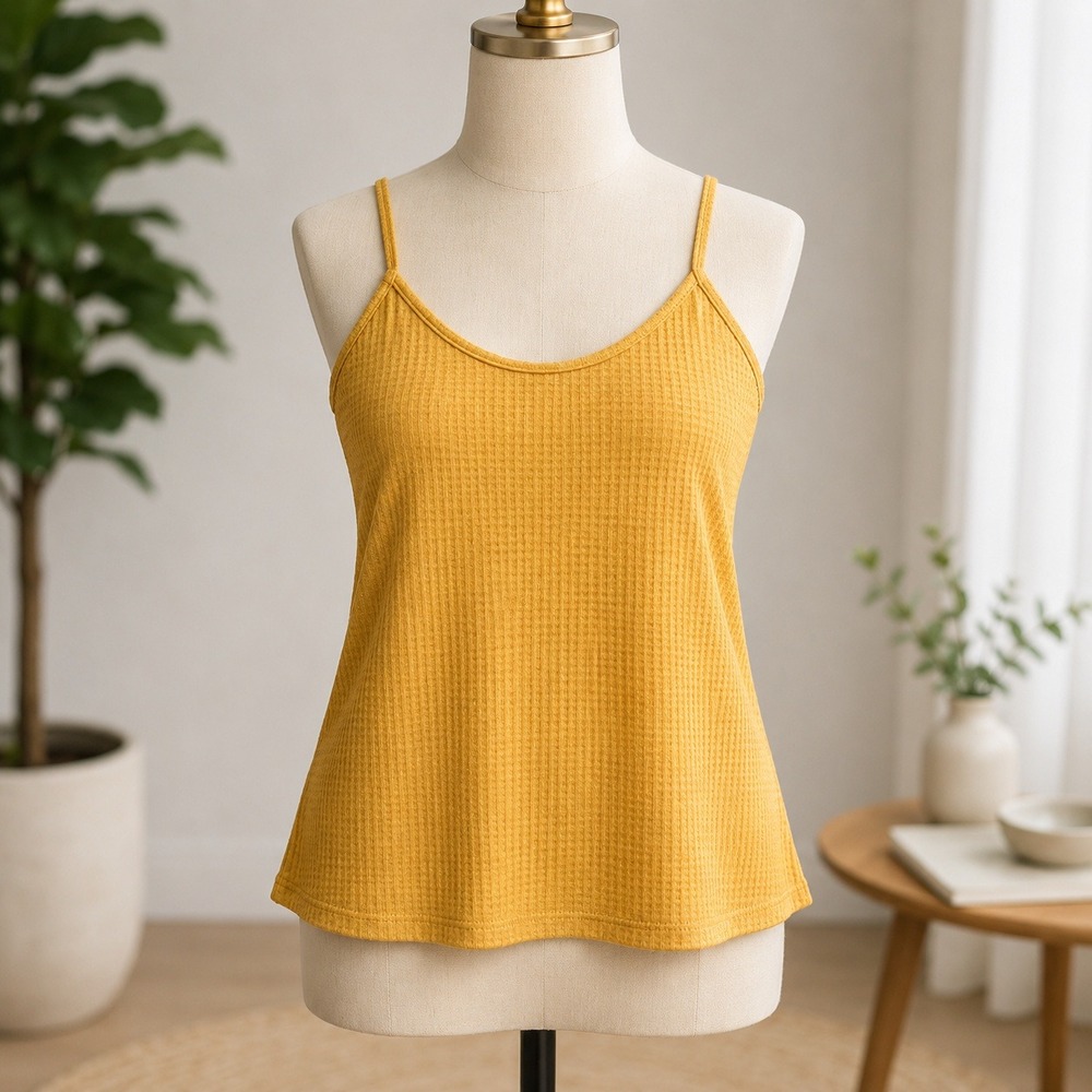 NWT Cupshe Waffle Knit Cami Tank Top Womens Large Mustard Yellow O-Ring Straps‎